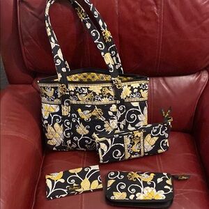 Vera Bradley Yellow Bird 4-Piece Handbag Set Yellow Black White Cotton Quilt